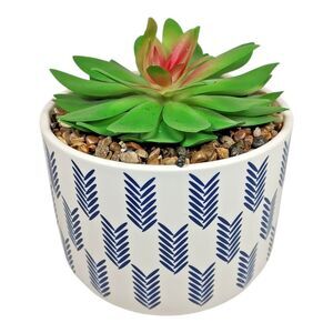 Modern Coastal Artificial Succulent Potted Houseplant Navy Blue White Chevron
